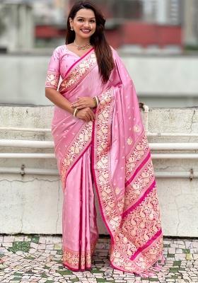Pink Zari Work Silk Saree Set