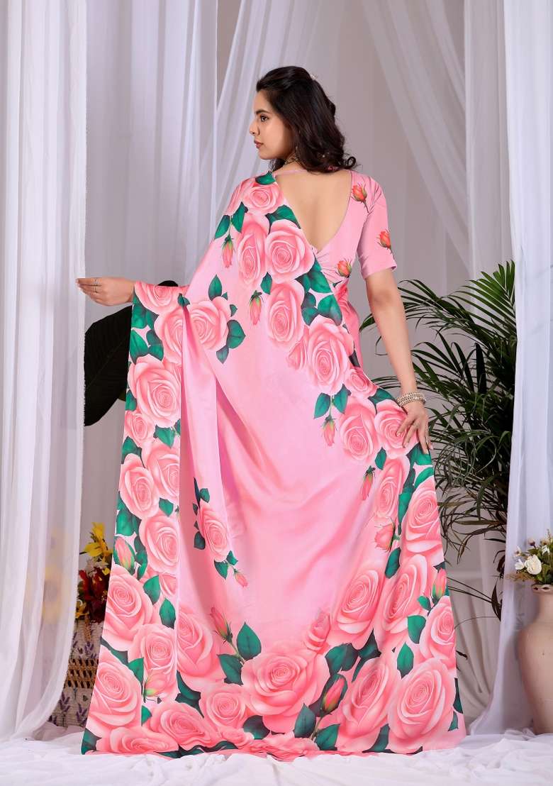 Pink Floral Print Georgette Saree Set for Diwali and Festive Wear - Indya