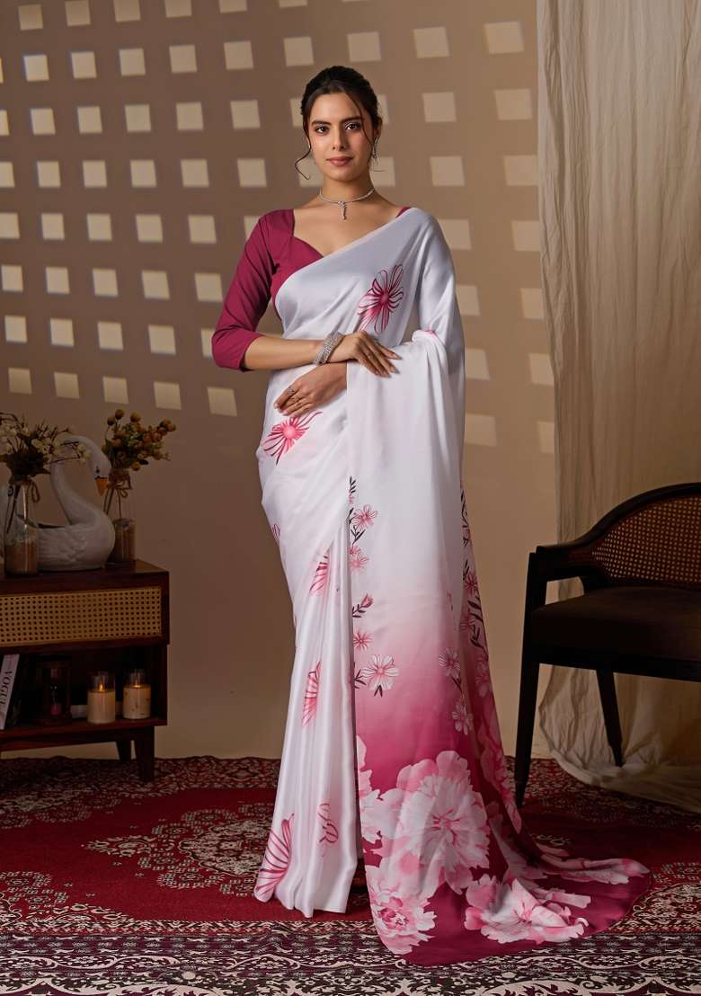 Multicolor Georgette Saree Set with Floral Print for Diwali | Wedding & Festive Wear - Indya