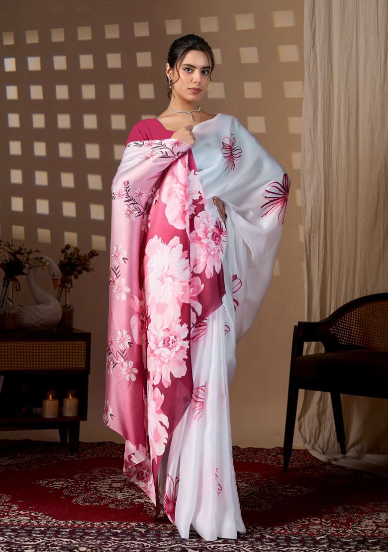 Multicolor Georgette Saree Set with Floral Print for Diwali | Wedding & Festive Wear - Indya