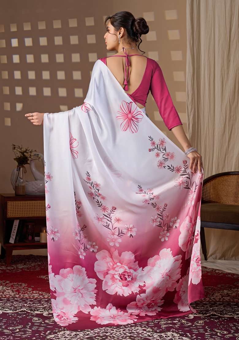Multicolor Georgette Saree Set with Floral Print for Diwali | Wedding & Festive Wear - Indya
