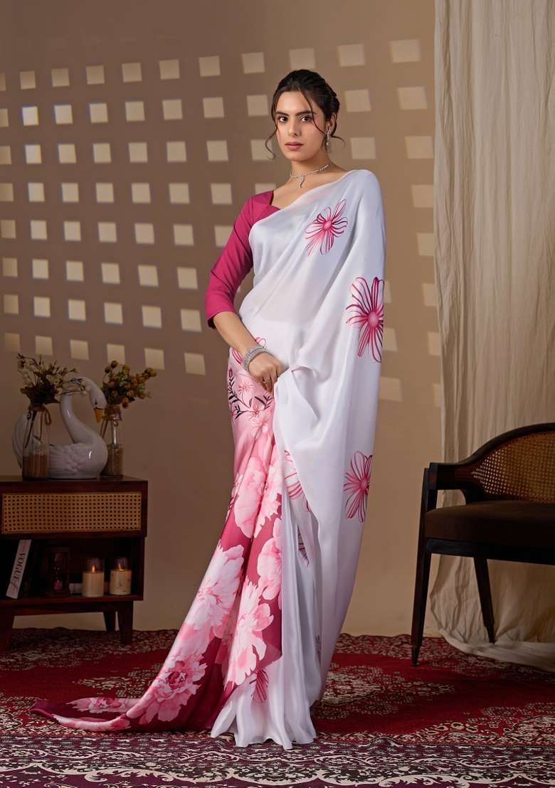 Multicolor Georgette Saree Set with Floral Print for Diwali | Wedding & Festive Wear - Indya