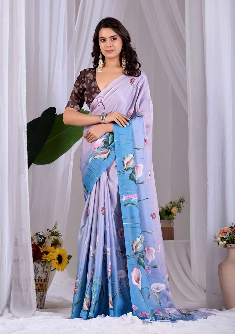 Multicolor Georgette Saree Set with Floral Print for Diwali | Wedding & Festive Wear - Indya