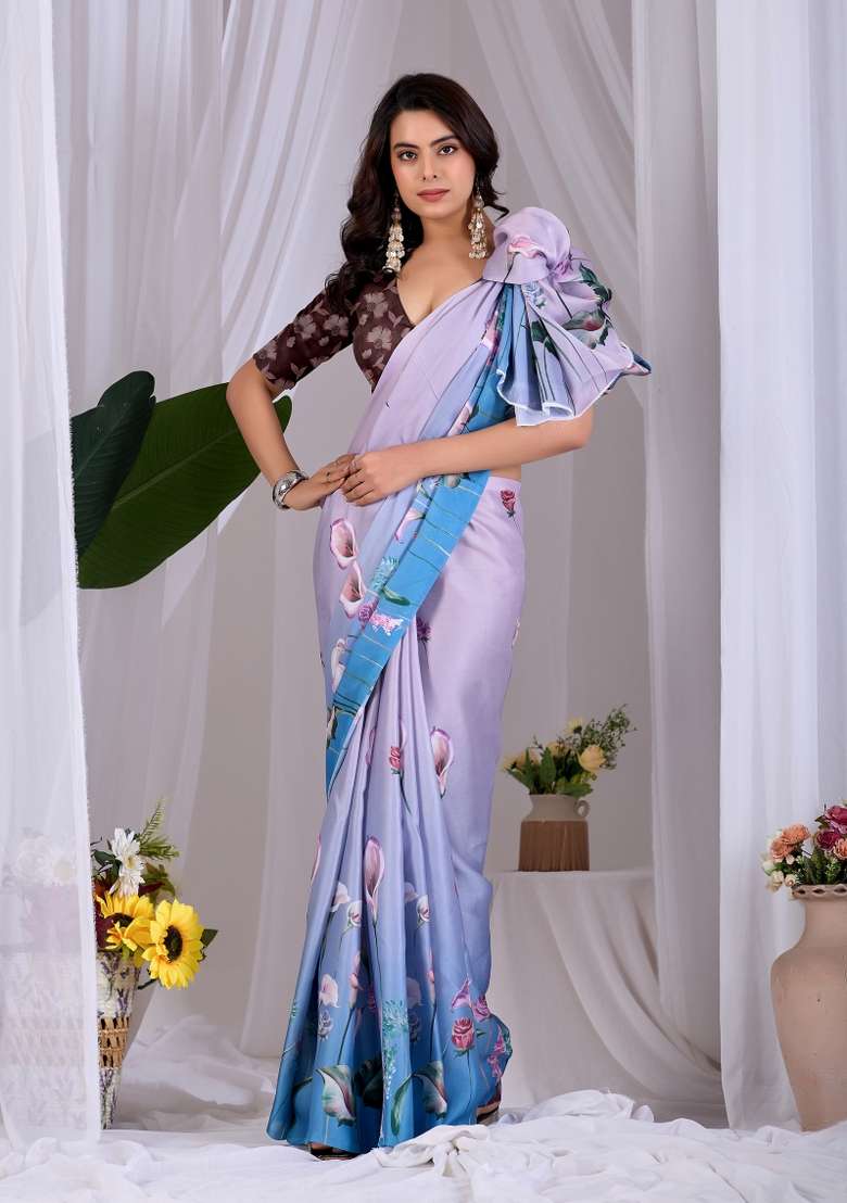 Multicolor Georgette Saree Set with Floral Print for Diwali | Wedding & Festive Wear - Indya