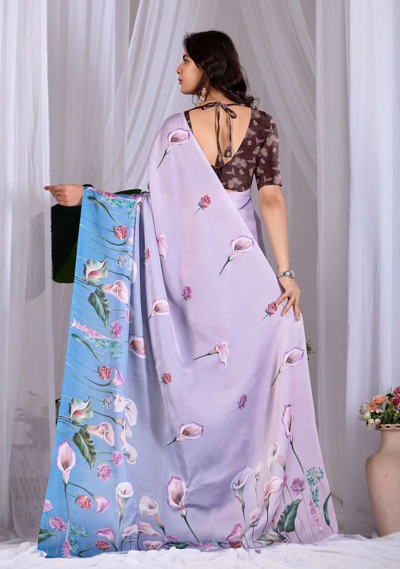 Multicolor Georgette Saree Set with Floral Print for Diwali | Wedding & Festive Wear - Indya
