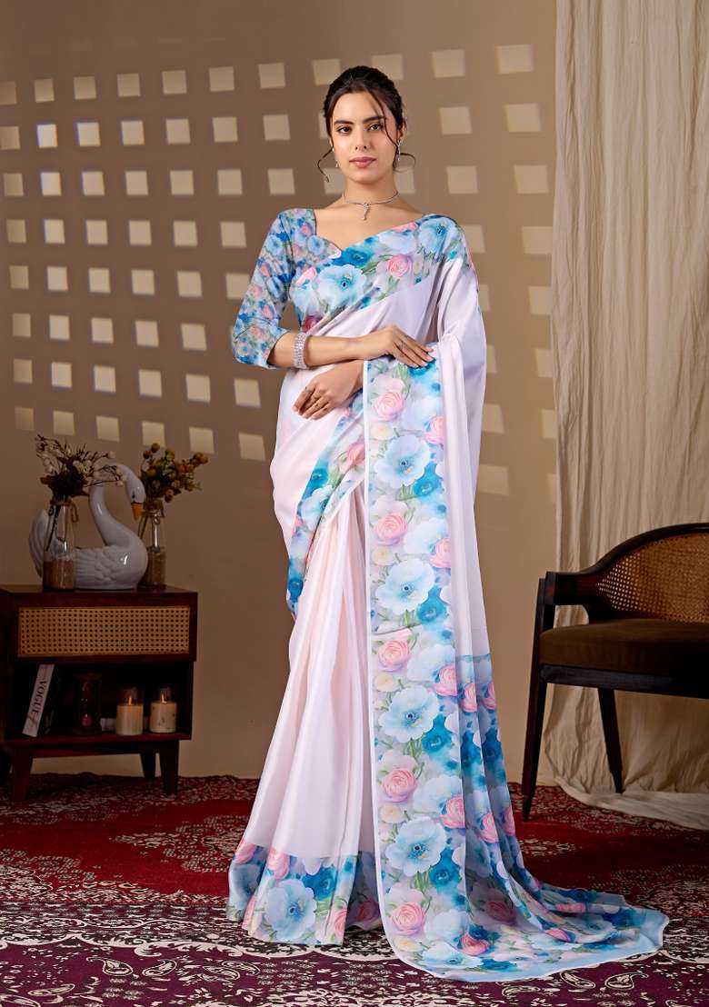 Multicolor Georgette Saree Set with Floral Print for Diwali | Wedding & Festive Wear - Indya