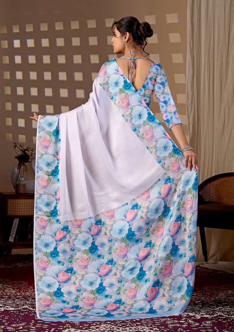 Multicolor Georgette Saree Set with Floral Print for Diwali | Wedding & Festive Wear - Indya
