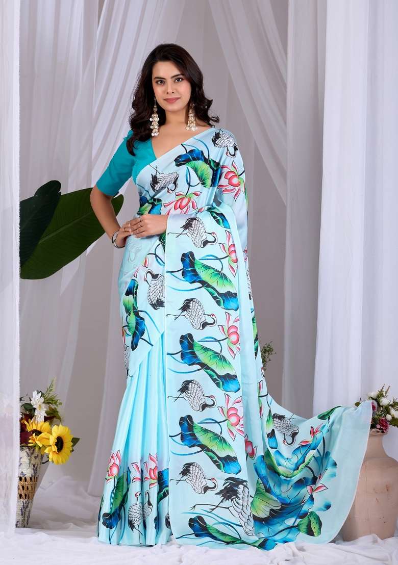 Sky Blue Georgette Saree Set with Floral Print for Diwali | Wedding & Festive Wear - Indya
