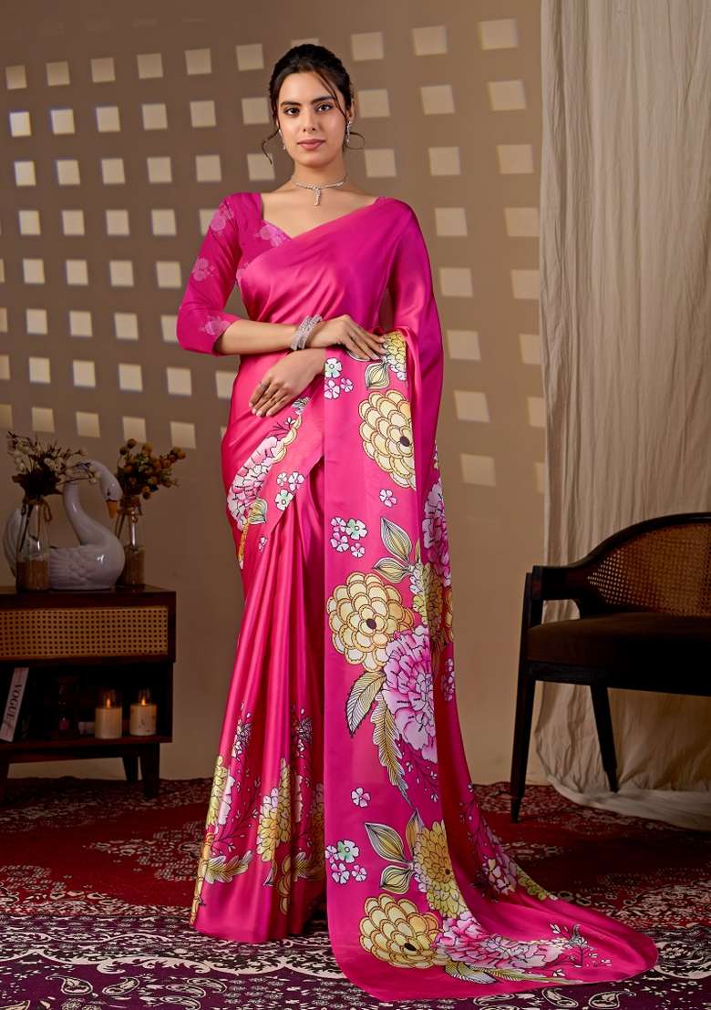 Rani Pink Georgette Saree Set with Floral Print for Diwali | Wedding & Festive Wear - Indya