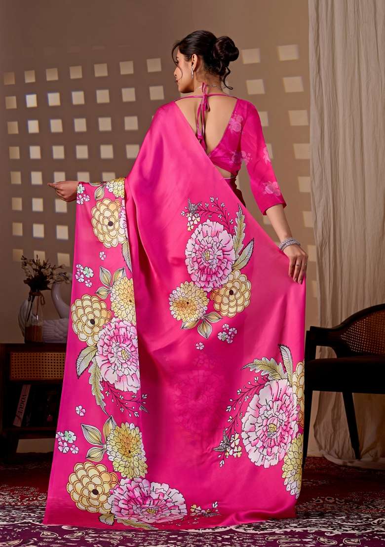 Rani Pink Georgette Saree Set with Floral Print for Diwali | Wedding & Festive Wear - Indya