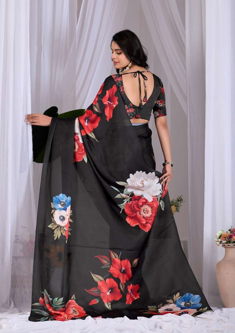 Black Georgette Saree Set with Floral Print for Diwali | Wedding & Festive Wear - Indya