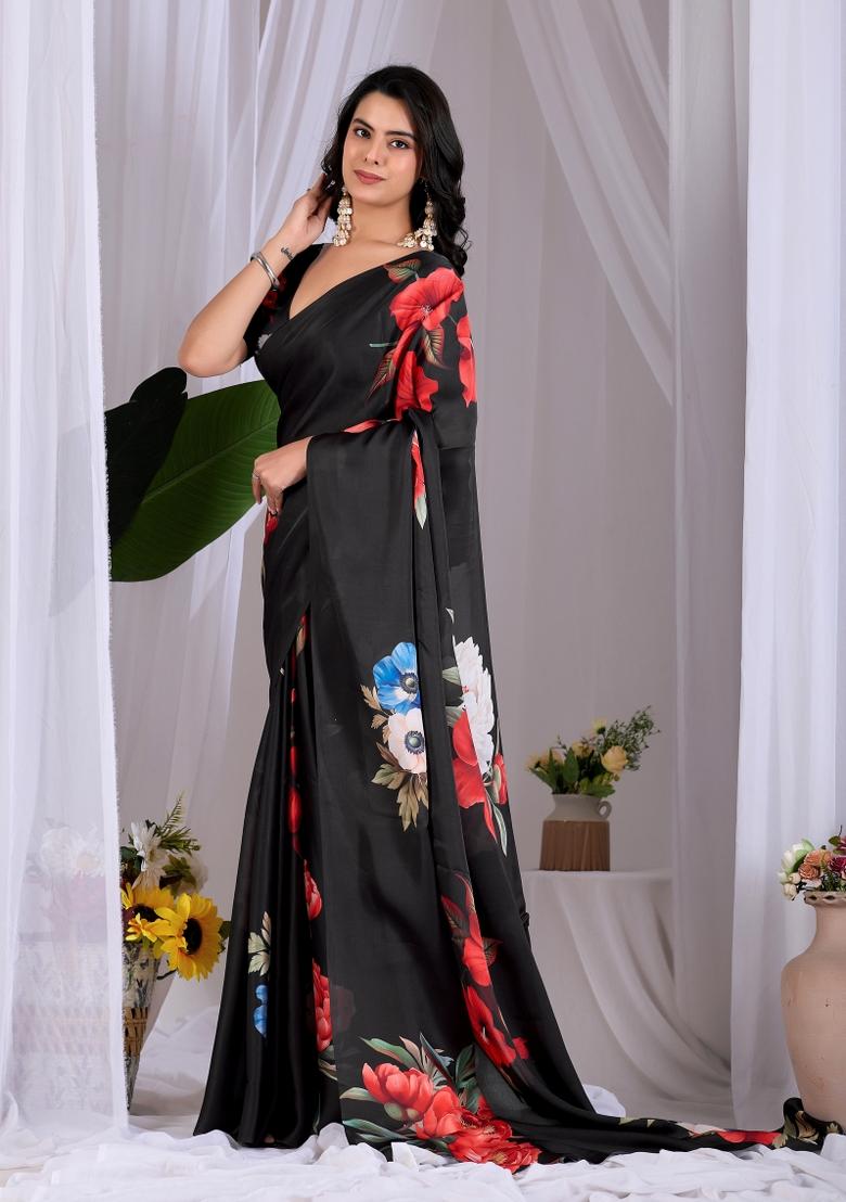 Black Floral Print Georgette Saree Set - Indya