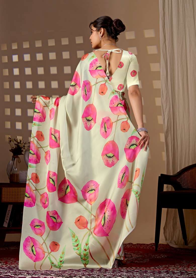 Pista Green Floral Print Georgette Saree Set for Diwali and Festive Wear - Indya