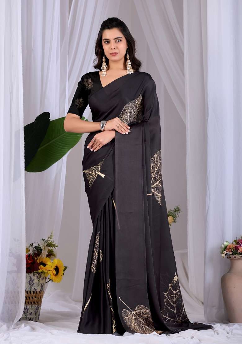 Black Georgette Saree Set with Floral Print for Diwali | Wedding & Festive Wear - Indya
