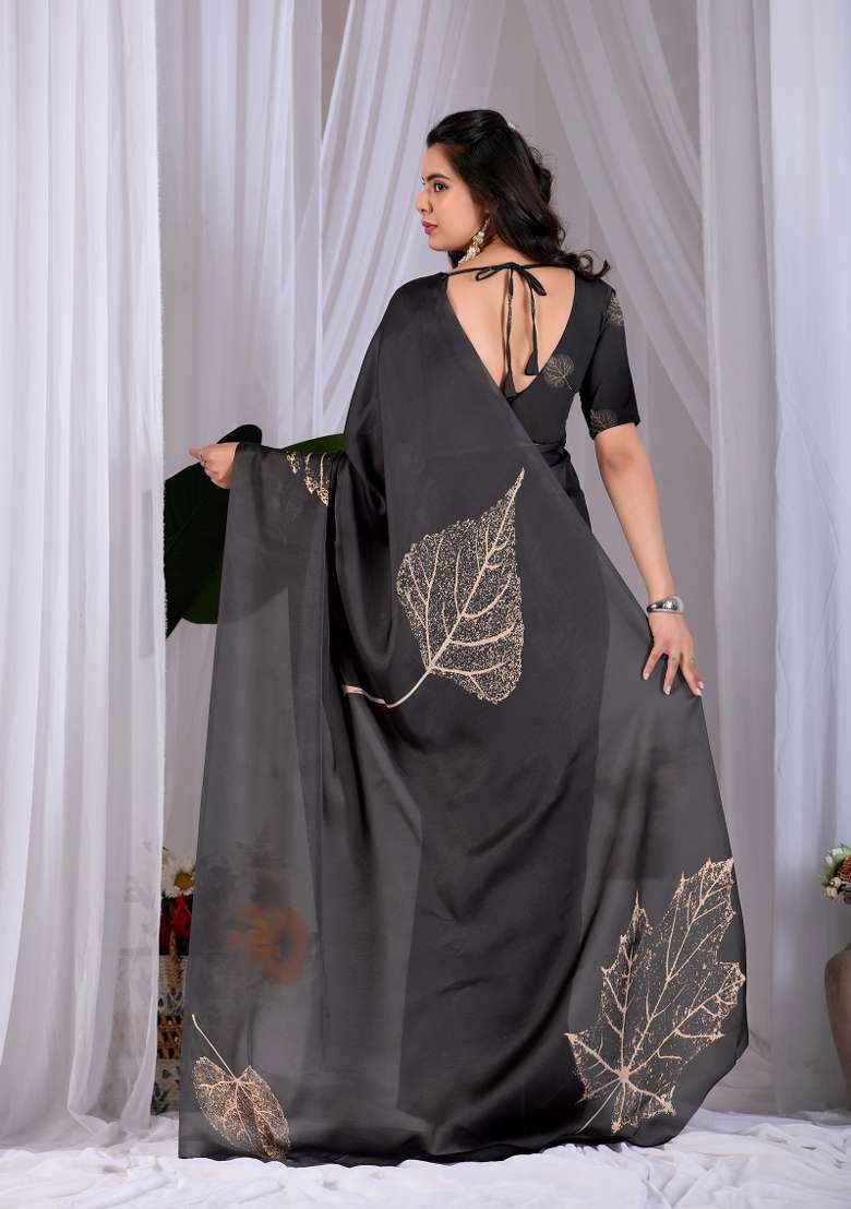 Black Georgette Saree Set with Floral Print for Diwali | Wedding & Festive Wear - Indya