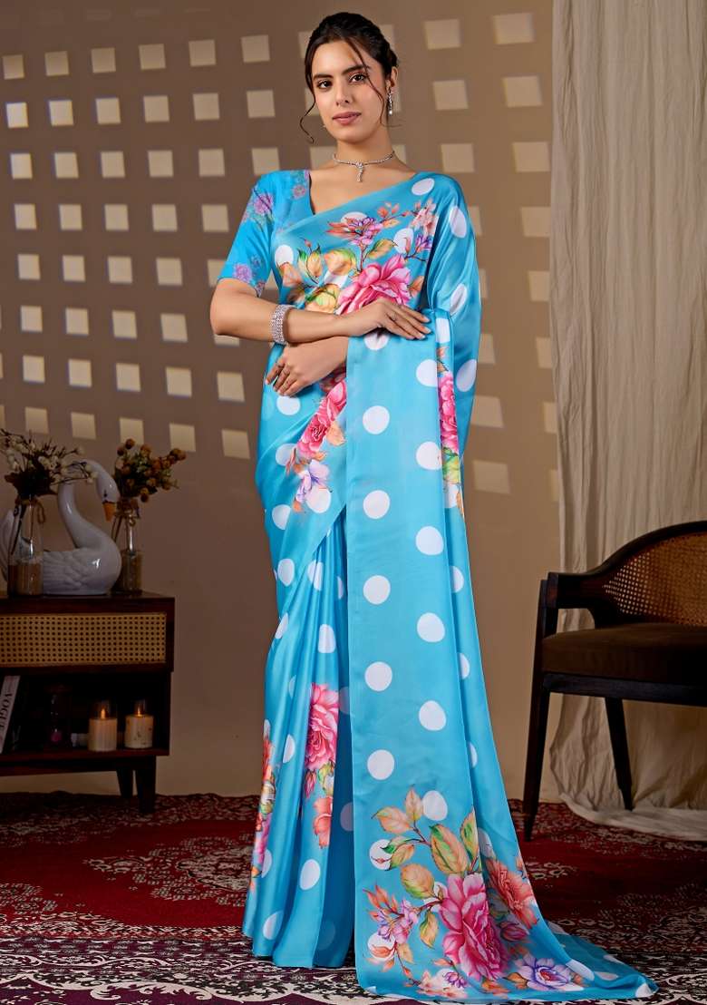 Blue Georgette Saree Set with Floral Print for Diwali | Wedding & Festive Wear - Indya