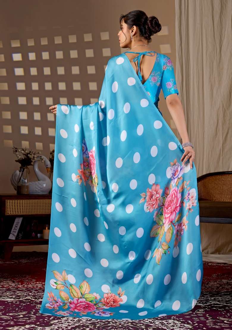 Blue Georgette Saree Set with Floral Print for Diwali | Wedding & Festive Wear - Indya
