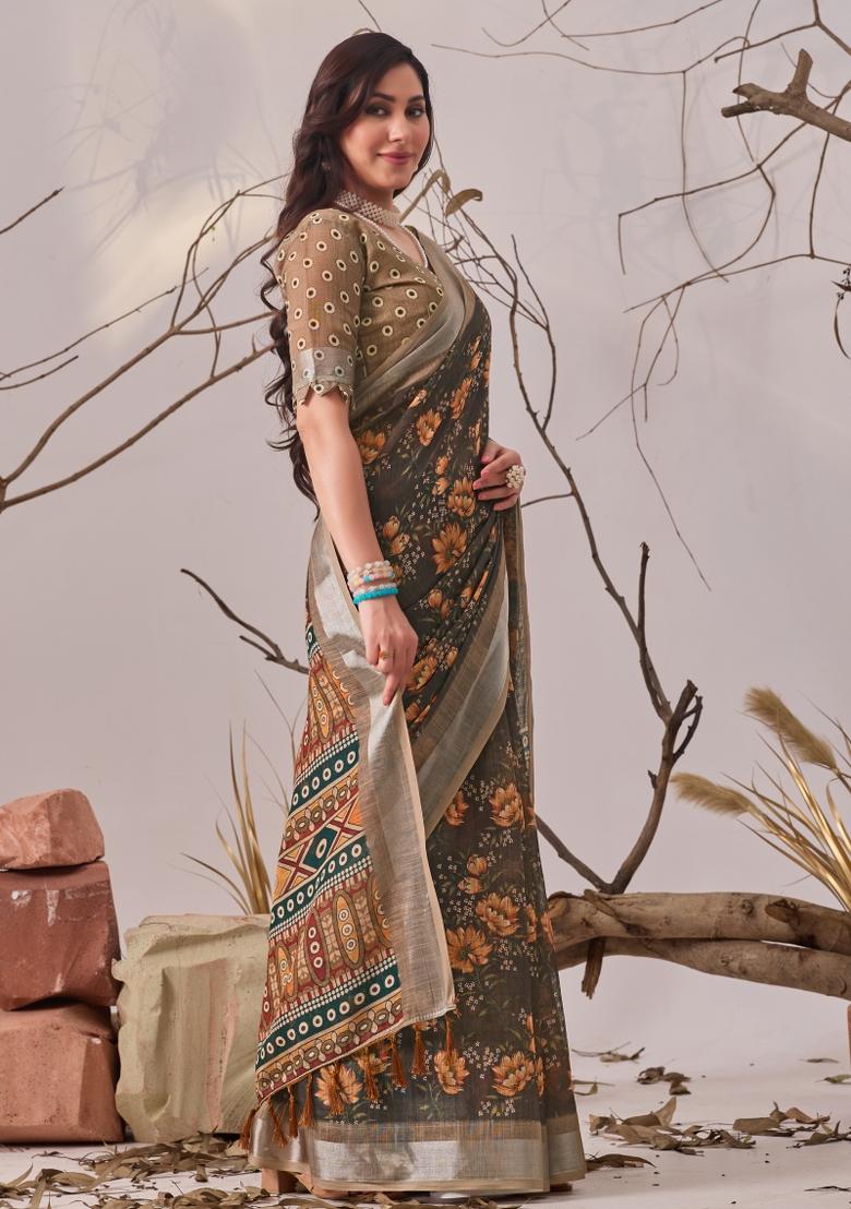 Multicolor Printed Cotton Saree Set - Indya