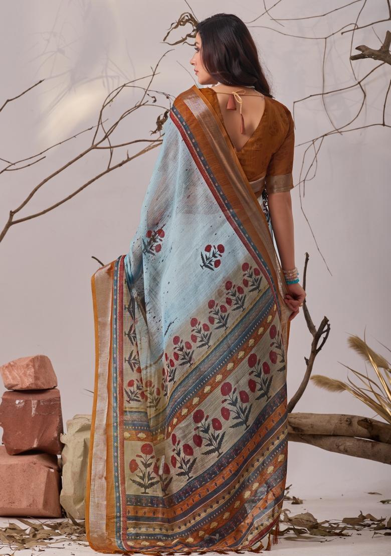 Sky Blue Printed Cotton Saree Set - Indya