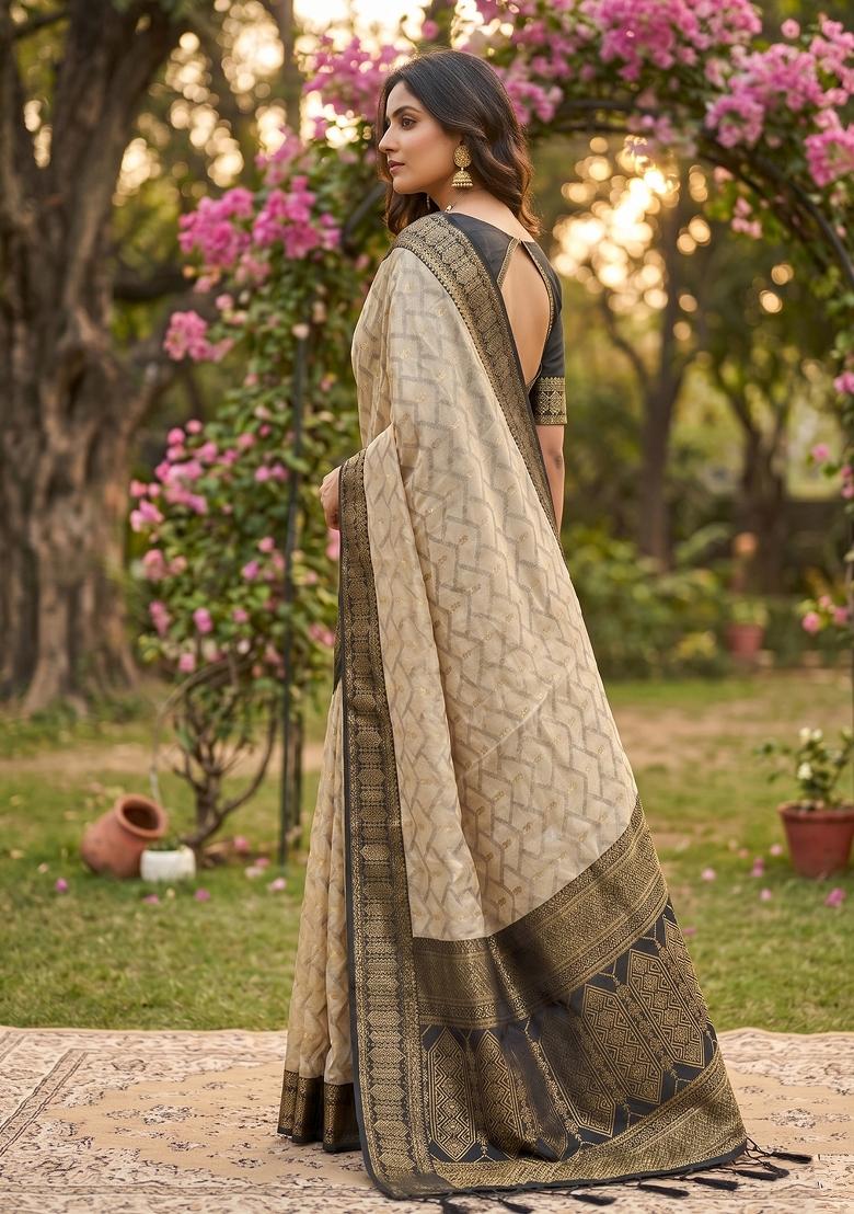 Chiku And Black Jacquard Cotton Saree Set - Indya