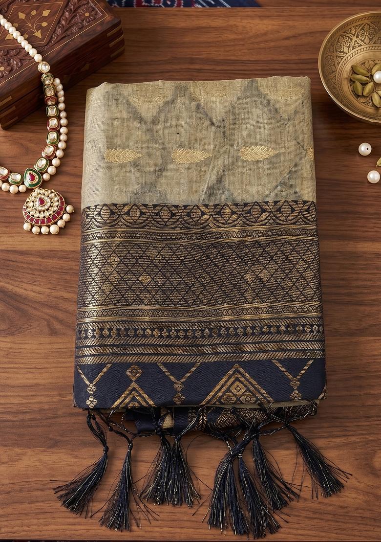 Chiku And Black Jacquard Cotton Saree Set - Indya