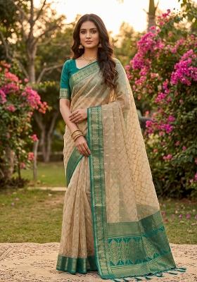 Chiku And Rama Jacquard Cotton Saree Set