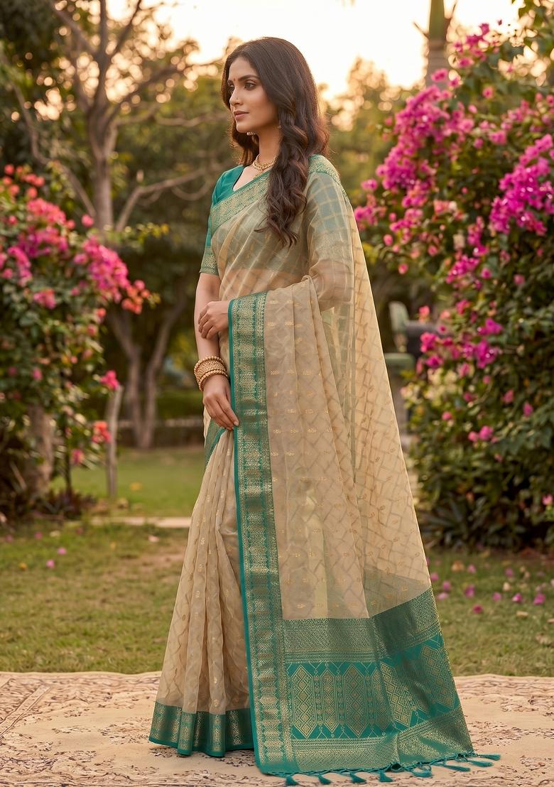 Chiku And Rama Jacquard Cotton Saree Set - Indya