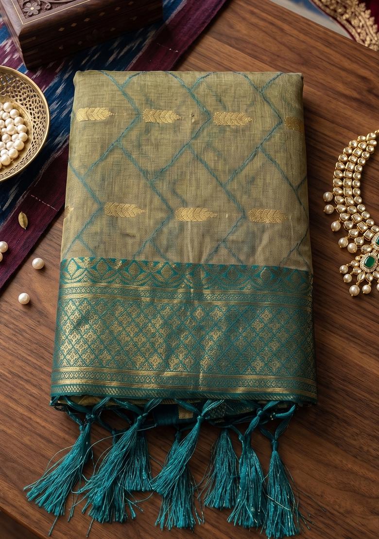Chiku And Rama Jacquard Cotton Saree Set - Indya