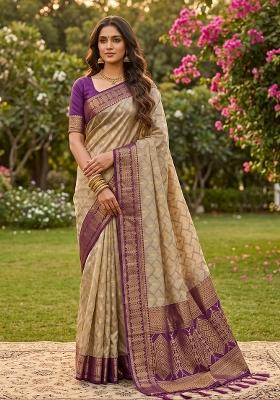 Chiku With Purple Jacquard Cotton Saree Set