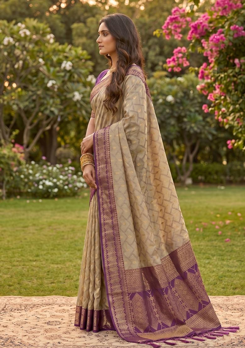 Chiku With Purple Jacquard Cotton Saree Set - Indya