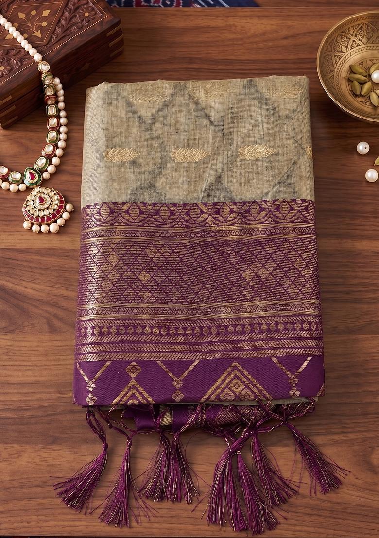 Chiku With Purple Jacquard Cotton Saree Set - Indya
