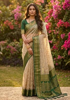 Chiku And Green Jacquard Cotton Saree Set