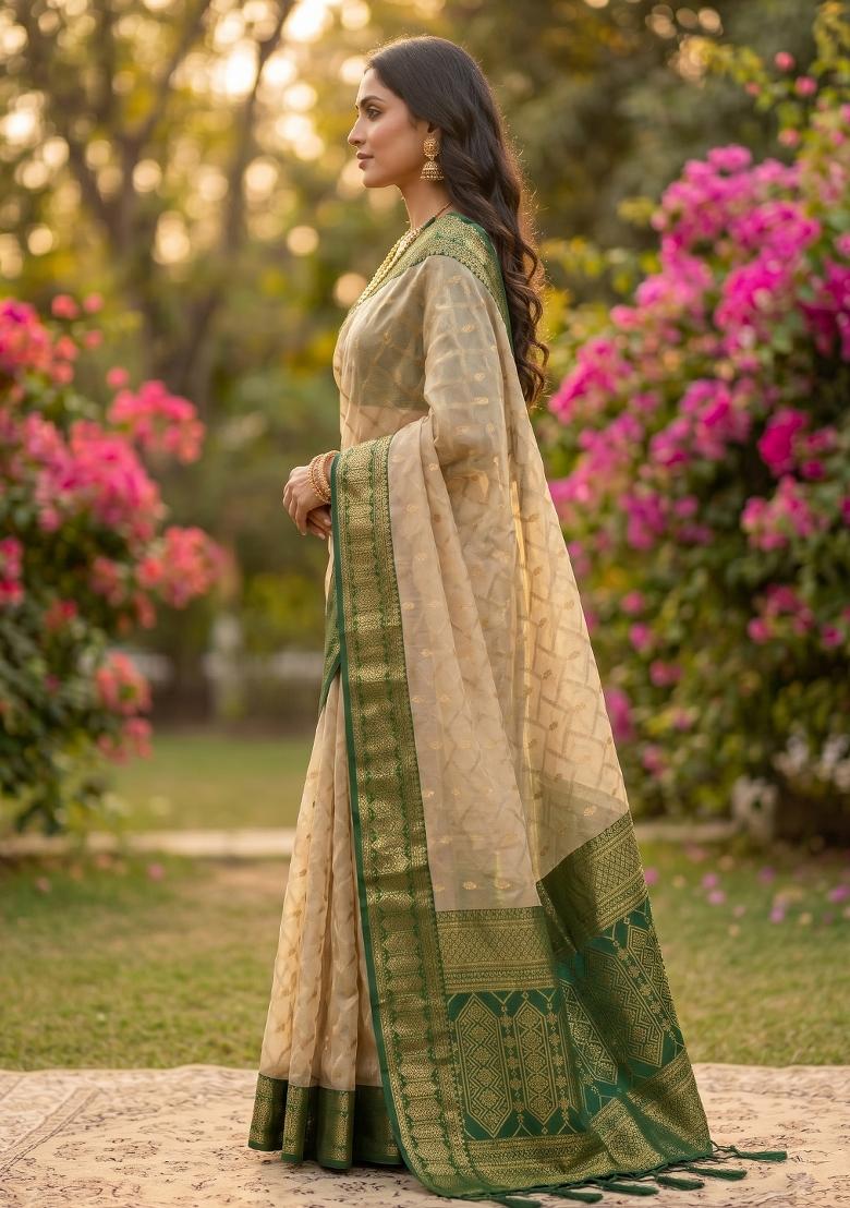 Chiku And Green Jacquard Cotton Saree Set - Indya