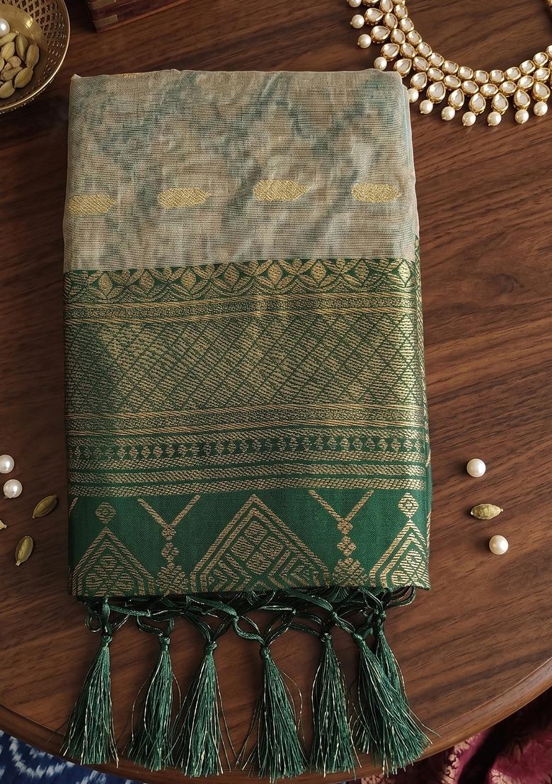 Chiku And Green Jacquard Cotton Saree Set - Indya