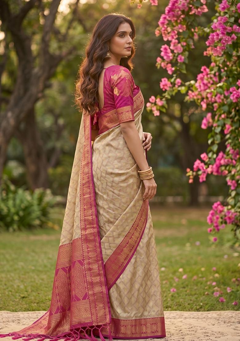 Chiku And Pink Jacquard Cotton Saree Set - Indya