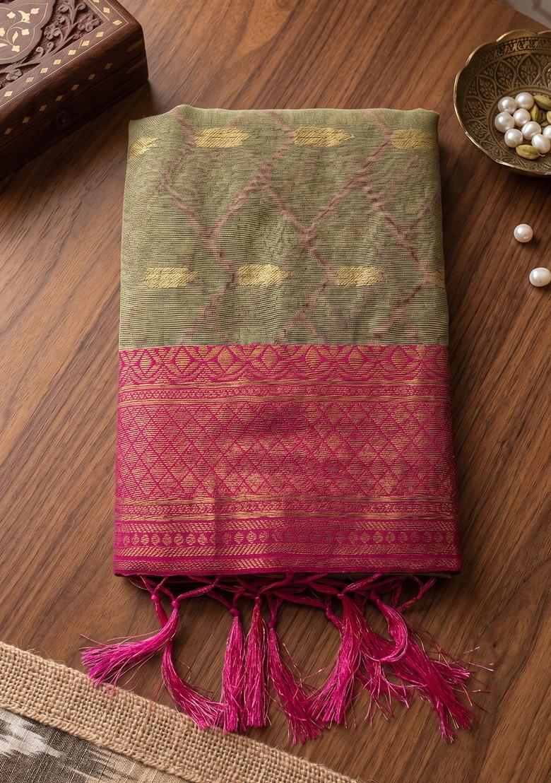 Chiku And Pink Jacquard Cotton Saree Set - Indya