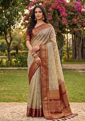 Chiku And Red Jacquard Cotton Saree Set