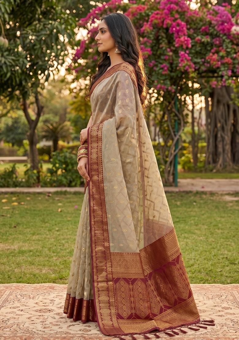 Chiku And Red Jacquard Cotton Saree Set - Indya