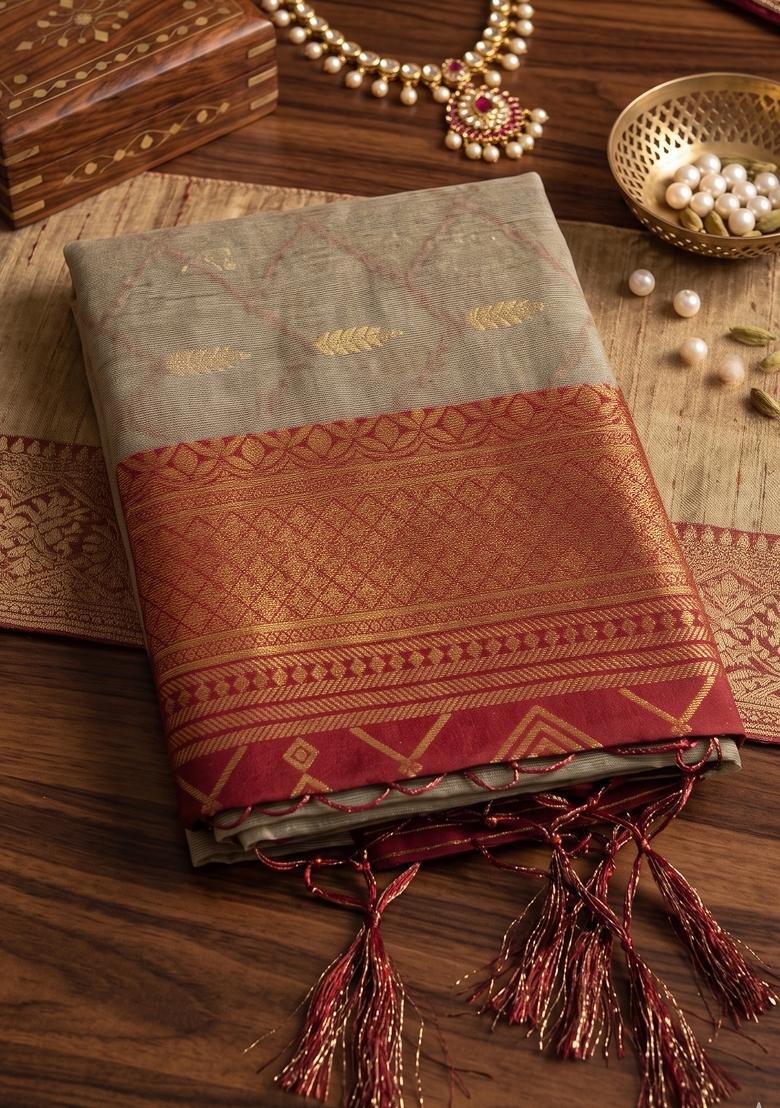 Chiku And Red Jacquard Cotton Saree Set - Indya