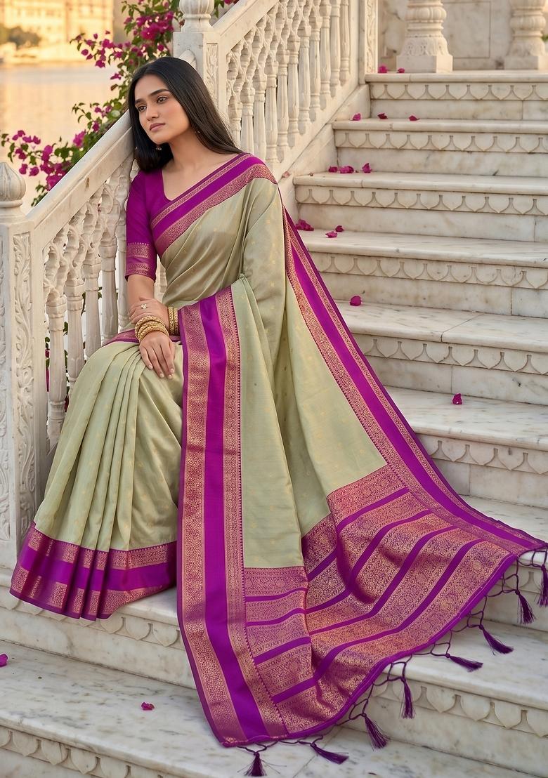 Chiku Jacquard Silk Saree Set - Indya