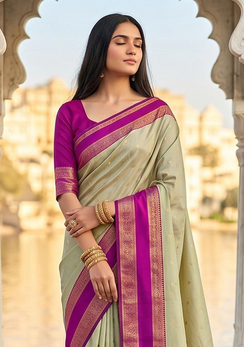 Chiku Jacquard Silk Saree Set - Indya