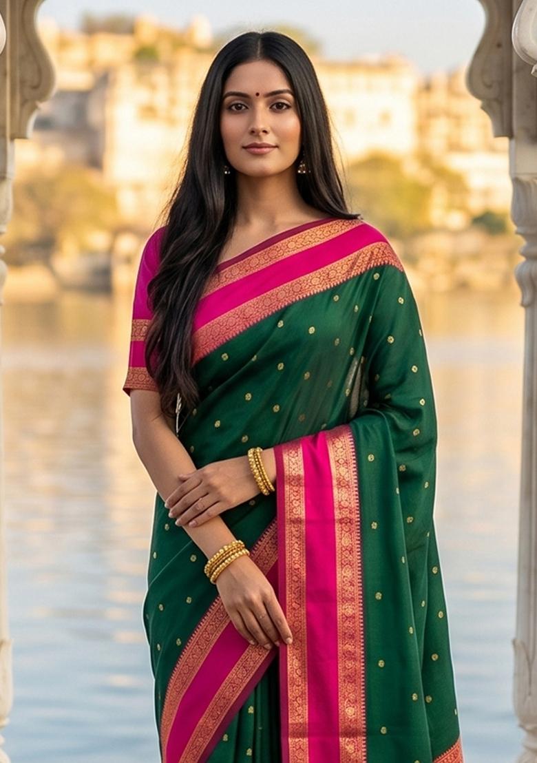 Dark Green Jacquard Silk Saree Set - Indya