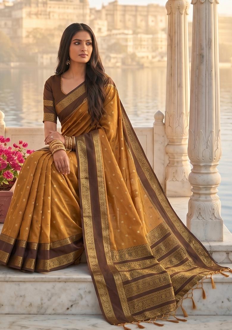 Mustard Jacquard Silk Saree Set - Indya