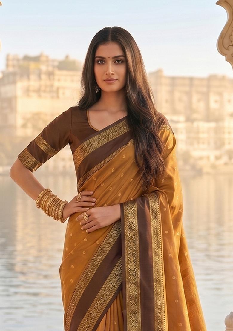Mustard Jacquard Silk Saree Set - Indya