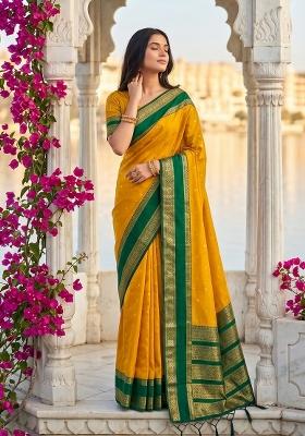 Yellow Jacquard Silk Saree Set