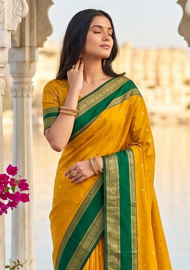 Yellow Jacquard Silk Saree Set - Indya