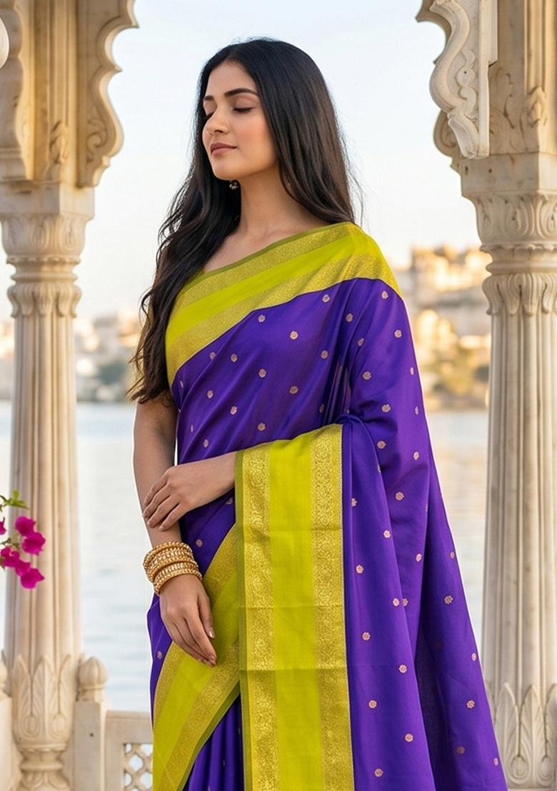 Purple Jacquard Silk Saree Set - Indya
