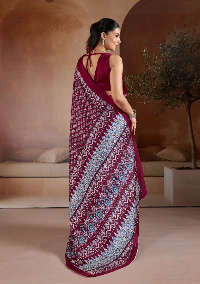 Maroon Printed Georgette Saree Set for Diwali and Festive Wear - Indya