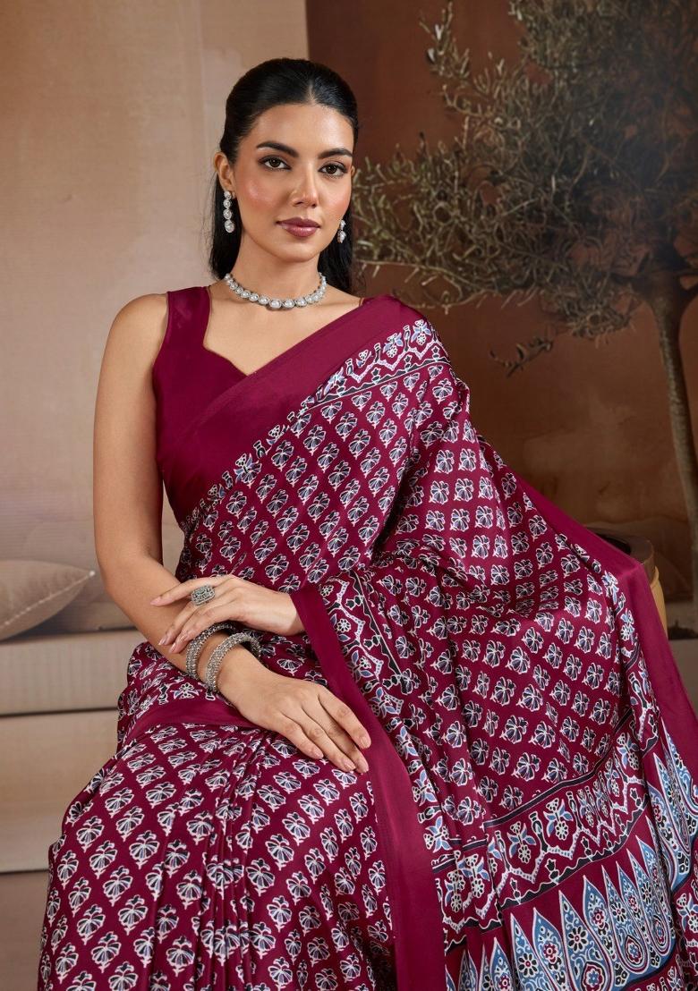 Maroon Printed Georgette Saree Set - Indya