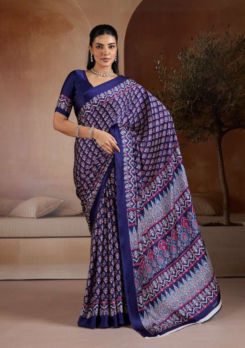 Navy Blue Georgette Saree Set with Printed for Diwali | Wedding & Festive Wear - Indya